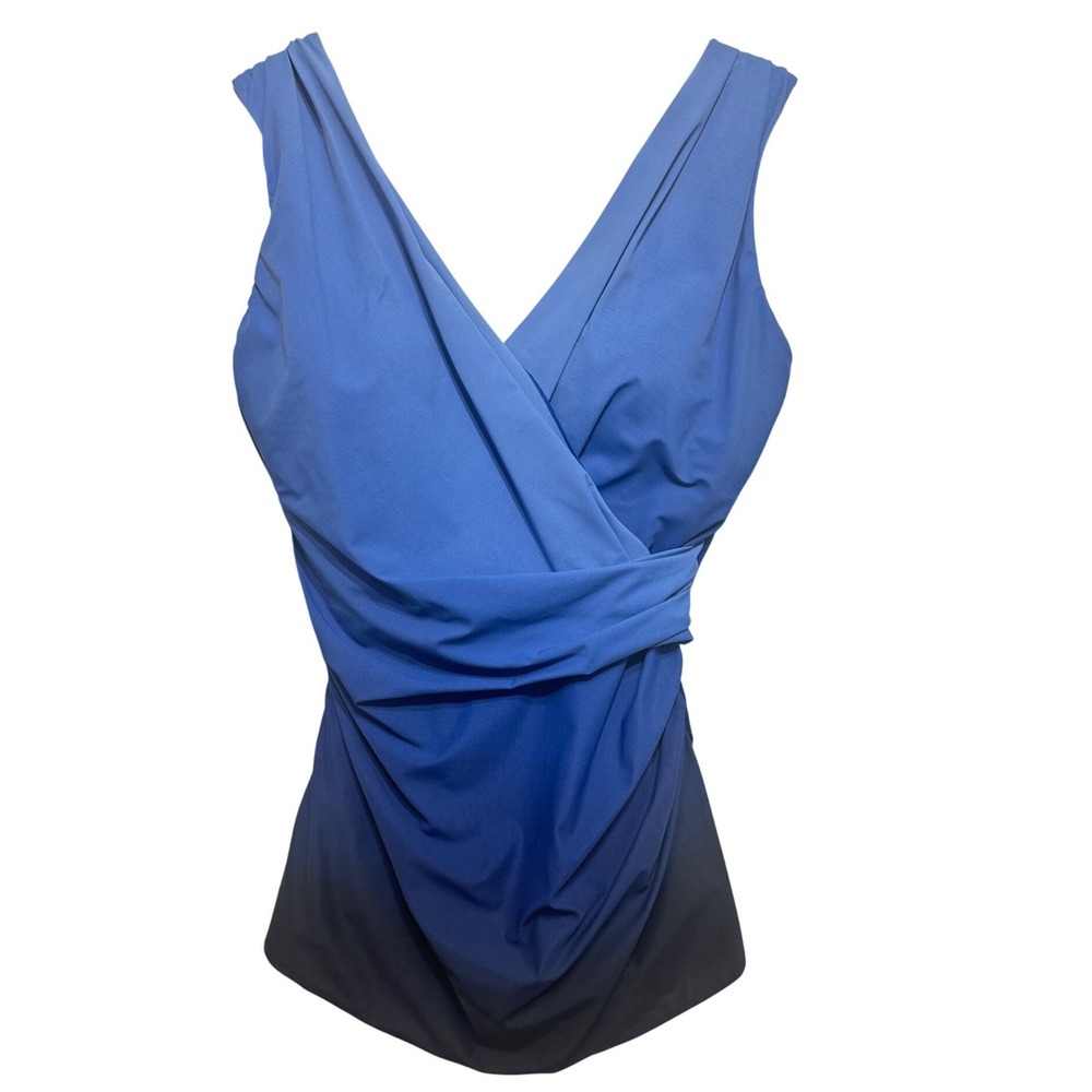 Lands End Slender Suit Blue Ombre Wrap Front One Piece Swimsuit 10 D Cup
